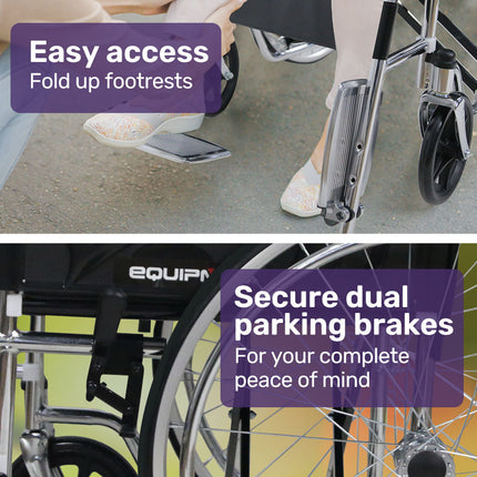 Equipmed Folding Manual Wheelchair Self Propelled, 24" Rear Wheels, Chrome Steel Frame, 46cm Wide Seat, 100kg Capacity, Park Brakes.