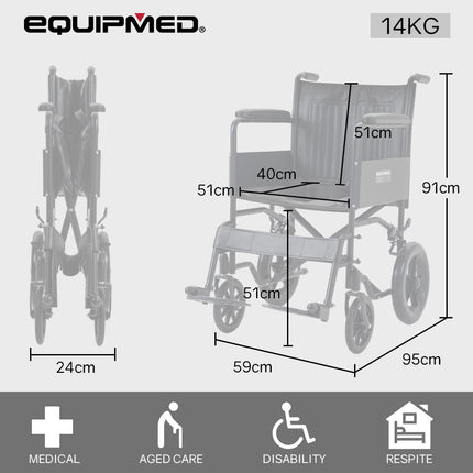 EQUIPMED Folding Transit Manual Wheelchair, Attendant Propelled, Steel Frame, Wide Seat, Comfortable for S-XL, 114kg Capacity, Park Brakes, Transport.
