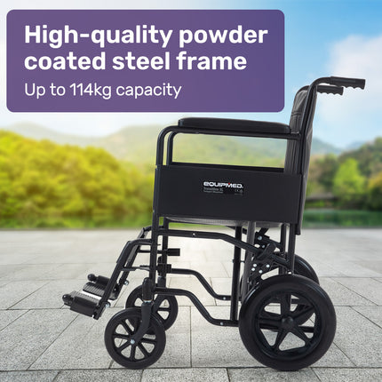 EQUIPMED Folding Transit Manual Wheelchair, Attendant Propelled, Steel Frame, Wide Seat, Comfortable for S-XL, 114kg Capacity, Park Brakes, Transport.