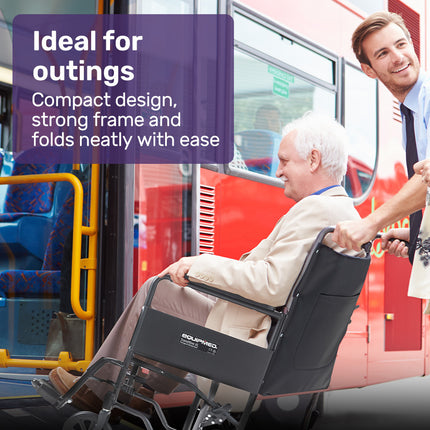 EQUIPMED Folding Transit Manual Wheelchair, Attendant Propelled, Steel Frame, Wide Seat, Comfortable for S-XL, 114kg Capacity, Park Brakes, Transport.