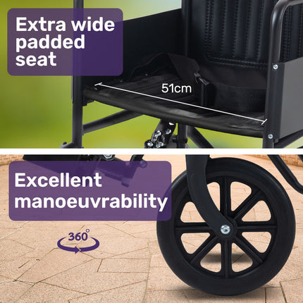 EQUIPMED Folding Transit Manual Wheelchair, Attendant Propelled, Steel Frame, Wide Seat, Comfortable for S-XL, 114kg Capacity, Park Brakes, Transport.
