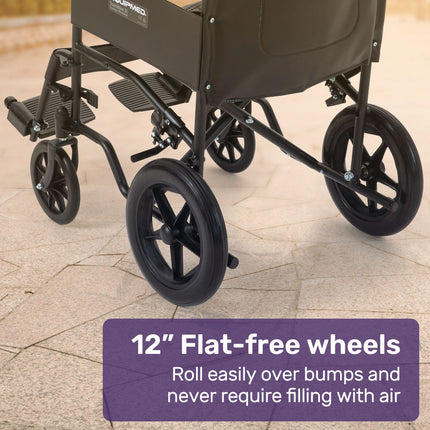EQUIPMED Folding Transit Manual Wheelchair, Attendant Propelled, Steel Frame, Wide Seat, Comfortable for S-XL, 114kg Capacity, Park Brakes, Transport.