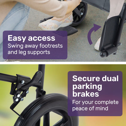 EQUIPMED Folding Transit Manual Wheelchair, Attendant Propelled, Steel Frame, Wide Seat, Comfortable for S-XL, 114kg Capacity, Park Brakes, Transport.