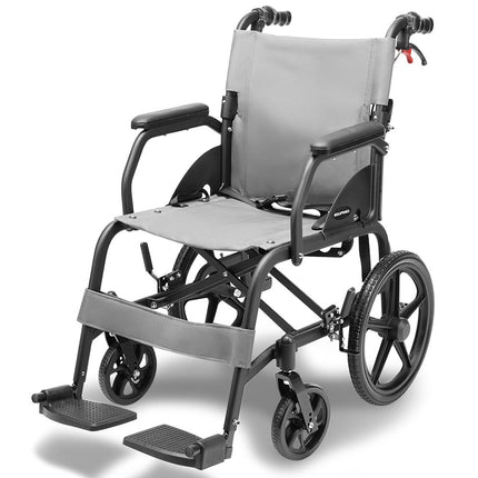 Equipmed Folding Transit Wheelchair, Lightweight Aluminium for Easy Transport, Grey.
