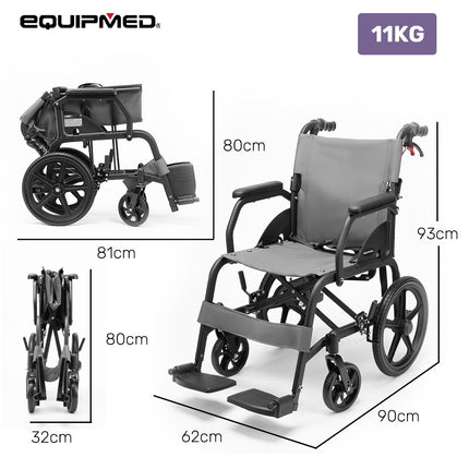 Equipmed Folding Transit Wheelchair, Lightweight Aluminium for Easy Transport, Grey.