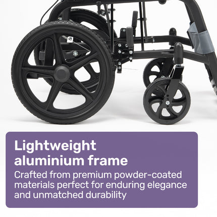 Equipmed Folding Transit Wheelchair, Lightweight Aluminium for Easy Transport, Grey.