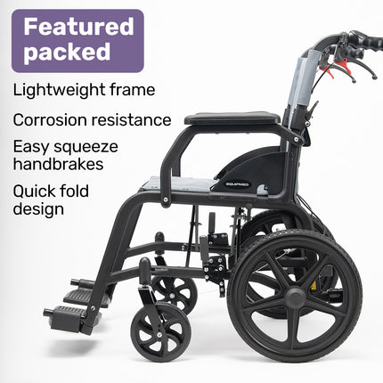 Equipmed Folding Transit Wheelchair, Lightweight Aluminium for Easy Transport, Grey.
