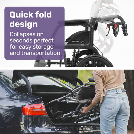 Equipmed Folding Transit Wheelchair, Lightweight Aluminium for Easy Transport, Grey.