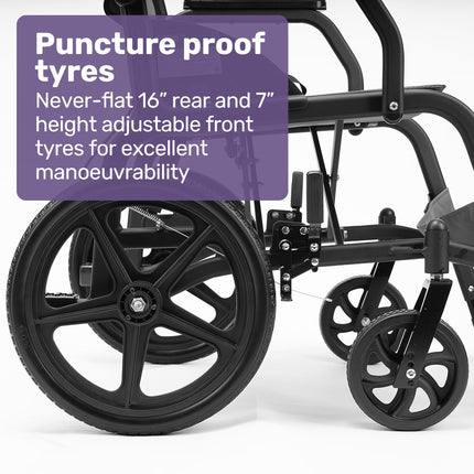 Equipmed Folding Transit Wheelchair, Lightweight Aluminium for Easy Transport, Grey.