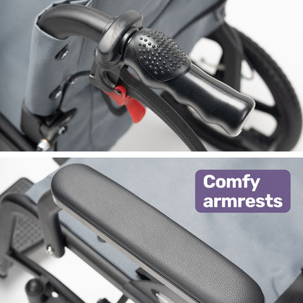 Equipmed Folding Transit Wheelchair, Lightweight Aluminium for Easy Transport, Grey.
