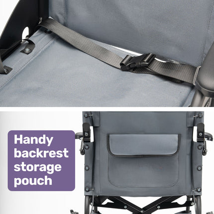 Equipmed Folding Transit Wheelchair, Lightweight Aluminium for Easy Transport, Grey.