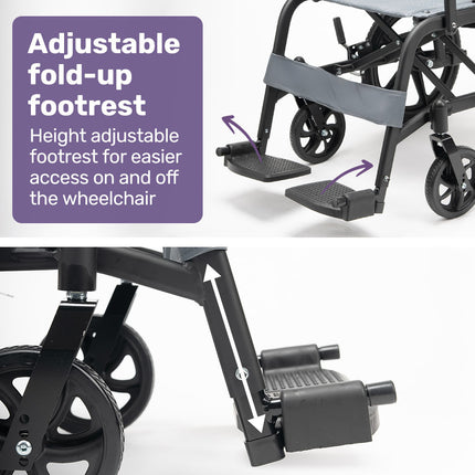 Equipmed Folding Transit Wheelchair, Lightweight Aluminium for Easy Transport, Grey.