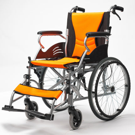 EQUIPMED Folding Aluminium Wheelchair, 20" Wheels, Park Brakes, 100kg Capacity, Orange.