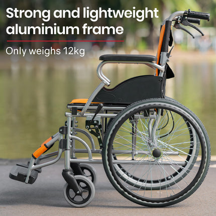EQUIPMED Folding Aluminium Wheelchair, 20" Wheels, Park Brakes, 100kg Capacity, Orange.