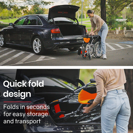 EQUIPMED Folding Aluminium Wheelchair, 20" Wheels, Park Brakes, 100kg Capacity, Orange.