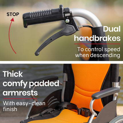 EQUIPMED Folding Aluminium Wheelchair, 20" Wheels, Park Brakes, 100kg Capacity, Orange.