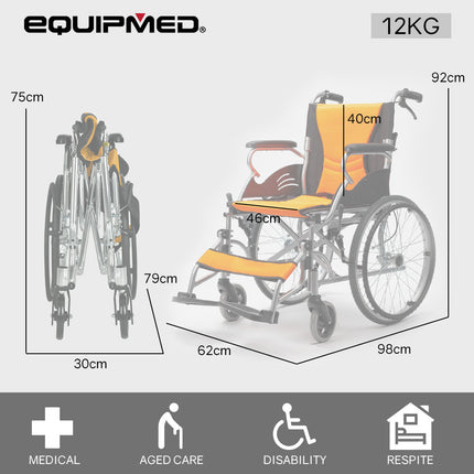 EQUIPMED Folding Aluminium Wheelchair, 20" Wheels, Park Brakes, 100kg Capacity, Orange.