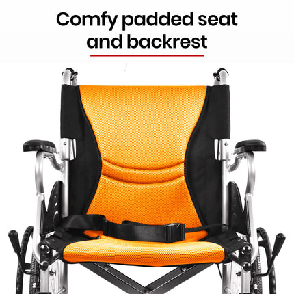 EQUIPMED Folding Aluminium Wheelchair, 20" Wheels, Park Brakes, 100kg Capacity, Orange.