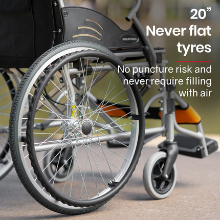 EQUIPMED Folding Aluminium Wheelchair, 20" Wheels, Park Brakes, 100kg Capacity, Orange.