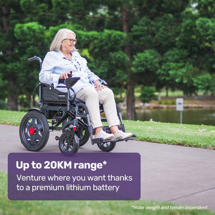 Equipmed Electric Folding Wheelchair, Wide Bariatric Chair Seat, Comfortable for S-XL, Long Range, Lithium Battery, Black/Grey.