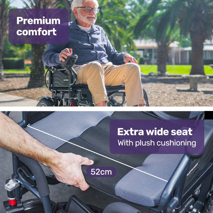 Equipmed Electric Folding Wheelchair, Wide Bariatric Chair Seat, Comfortable for S-XL, Long Range, Lithium Battery, Black/Grey.