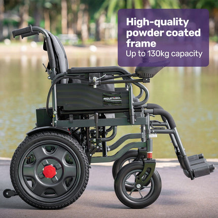 Equipmed Electric Folding Wheelchair, Wide Bariatric Chair Seat, Comfortable for S-XL, Long Range, Lithium Battery, Black/Grey.