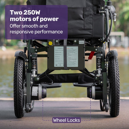 Equipmed Electric Folding Wheelchair, Wide Bariatric Chair Seat, Comfortable for S-XL, Long Range, Lithium Battery, Black/Grey.