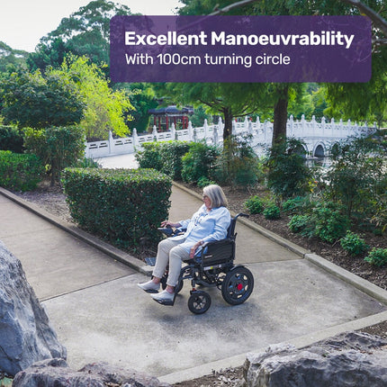 Equipmed Electric Folding Wheelchair, Wide Bariatric Chair Seat, Comfortable for S-XL, Long Range, Lithium Battery, Black/Grey.