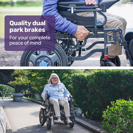 Equipmed Electric Folding Wheelchair, Wide Bariatric Chair Seat, Comfortable for S-XL, Long Range, Lithium Battery, Black/Grey.