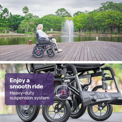 Equipmed Electric Folding Wheelchair, Wide Bariatric Chair Seat, Comfortable for S-XL, Long Range, Lithium Battery, Black/Grey.
