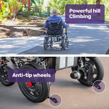 Equipmed Electric Folding Wheelchair, Wide Bariatric Chair Seat, Comfortable for S-XL, Long Range, Lithium Battery, Black/Grey.