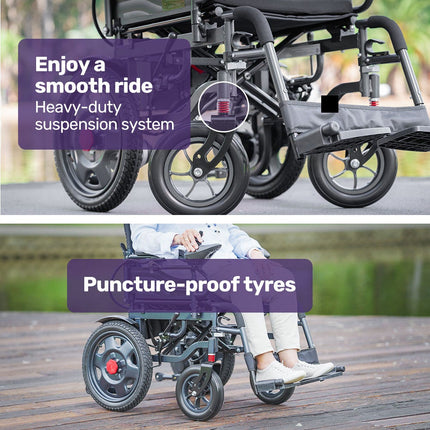 Equipmed Electric Folding Wheelchair, Wide Bariatric Chair Seat, Comfortable for S-XL, Long Range, Lithium Battery, Black/Grey.