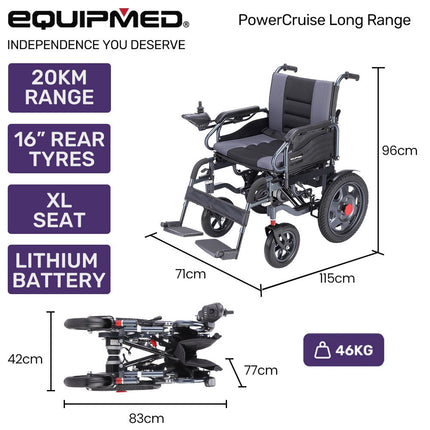 Equipmed Electric Folding Wheelchair, Wide Bariatric Chair Seat, Comfortable for S-XL, Long Range, Lithium Battery, Black/Grey.