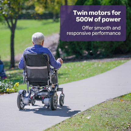 EQUIPMED Power Electric Wheelchair, Long Range, Airline Approved, Folding, Aluminium Frame, Lithium Battery, Blue.
