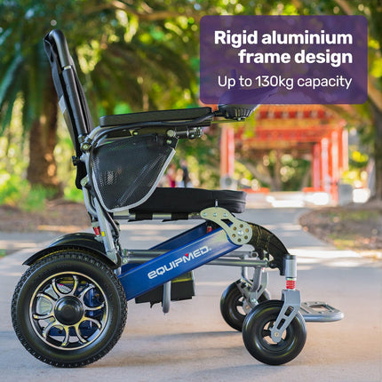 EQUIPMED Power Electric Wheelchair, Long Range, Airline Approved, Folding, Aluminium Frame, Lithium Battery, Blue.