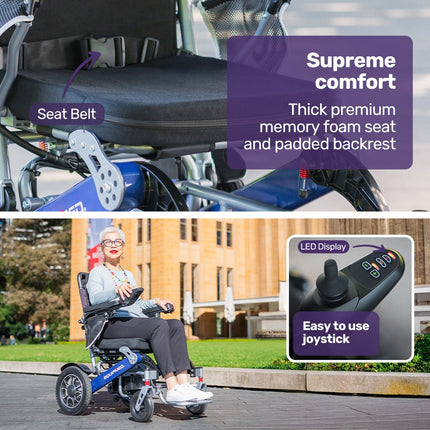 EQUIPMED Power Electric Wheelchair, Long Range, Airline Approved, Folding, Aluminium Frame, Lithium Battery, Blue.