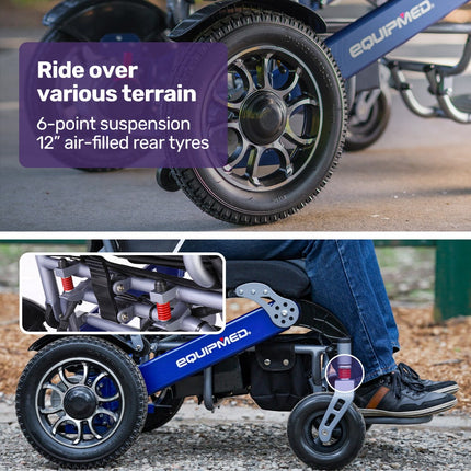 EQUIPMED Power Electric Wheelchair, Long Range, Airline Approved, Folding, Aluminium Frame, Lithium Battery, Blue.