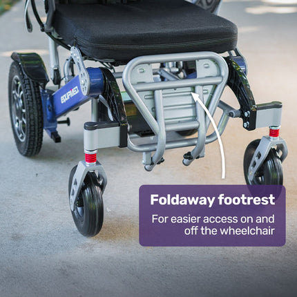 EQUIPMED Power Electric Wheelchair, Long Range, Airline Approved, Folding, Aluminium Frame, Lithium Battery, Blue.