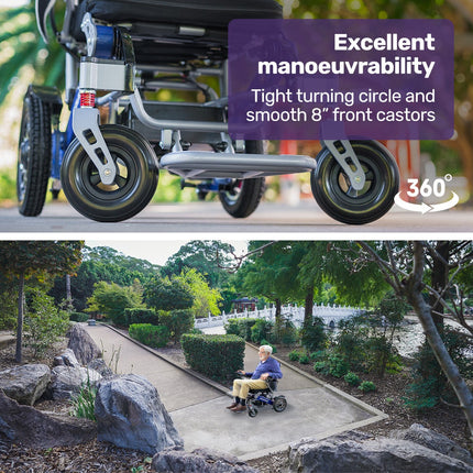 EQUIPMED Power Electric Wheelchair, Long Range, Airline Approved, Folding, Aluminium Frame, Lithium Battery, Blue.