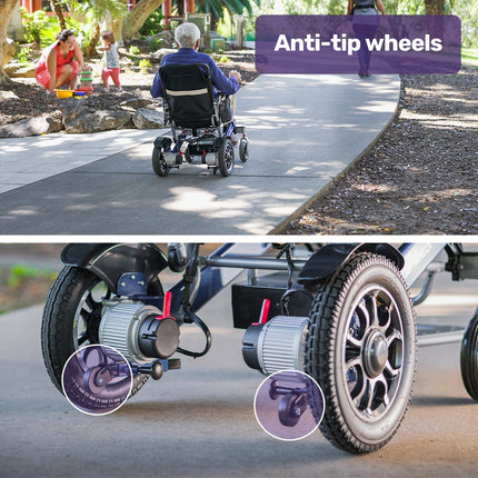 EQUIPMED Power Electric Wheelchair, Long Range, Airline Approved, Folding, Aluminium Frame, Lithium Battery, Blue.