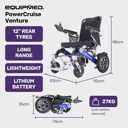 EQUIPMED Power Electric Wheelchair, Long Range, Airline Approved, Folding, Aluminium Frame, Lithium Battery, Blue.