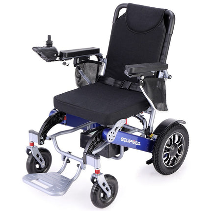 EQUIPMED Power Electric Wheelchair, Long Range, Airline Approved, Folding, Aluminium Frame, Lithium Battery, Blue.