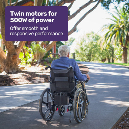EQUIPMED Power Electric Wheelchair, Long Range, Airline Approved, Folding, Aluminium Frame, Lithium Battery, Blue.