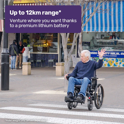 EQUIPMED Power Electric Wheelchair, Long Range, Airline Approved, Folding, Aluminium Frame, Lithium Battery, Blue.