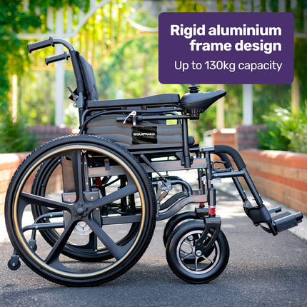 EQUIPMED Power Electric Wheelchair, Long Range, Airline Approved, Folding, Aluminium Frame, Lithium Battery, Blue.