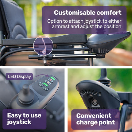 EQUIPMED Power Electric Wheelchair, Long Range, Airline Approved, Folding, Aluminium Frame, Lithium Battery, Blue.