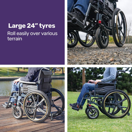 EQUIPMED Power Electric Wheelchair, Long Range, Airline Approved, Folding, Aluminium Frame, Lithium Battery, Blue.