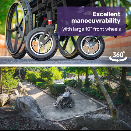 EQUIPMED Power Electric Wheelchair, Long Range, Airline Approved, Folding, Aluminium Frame, Lithium Battery, Blue.