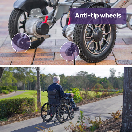 EQUIPMED Power Electric Wheelchair, Long Range, Airline Approved, Folding, Aluminium Frame, Lithium Battery, Blue.