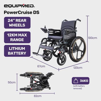 EQUIPMED Power Electric Wheelchair, Long Range, Airline Approved, Folding, Aluminium Frame, Lithium Battery, Blue.